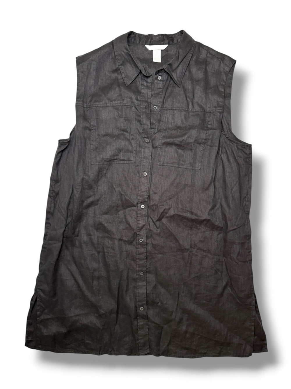 H&M Black 100% Linen Sleeveless Shirt Dress Patch Pockets Size Large